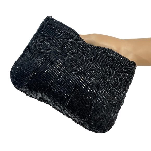 80s does 40s Black Beaded Silk Evening Bag | Small Clutch with Glass Beads - Picture 10 of 11